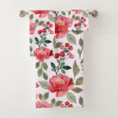 Blush Pink Cherry Red Floral Pattern Badhandtuch Set (Insitu)