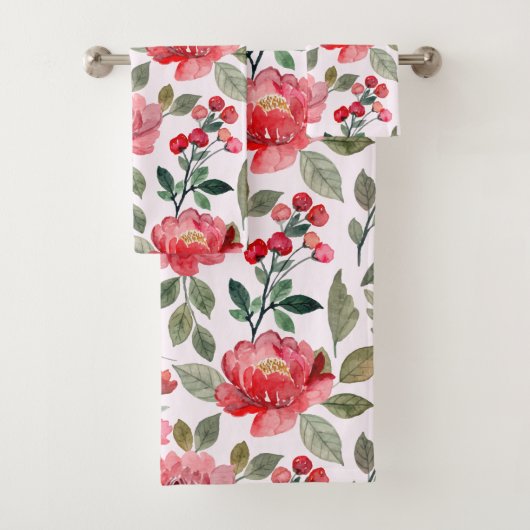 Blush Pink Cherry Red Floral Pattern Badhandtuch Set (Insitu)