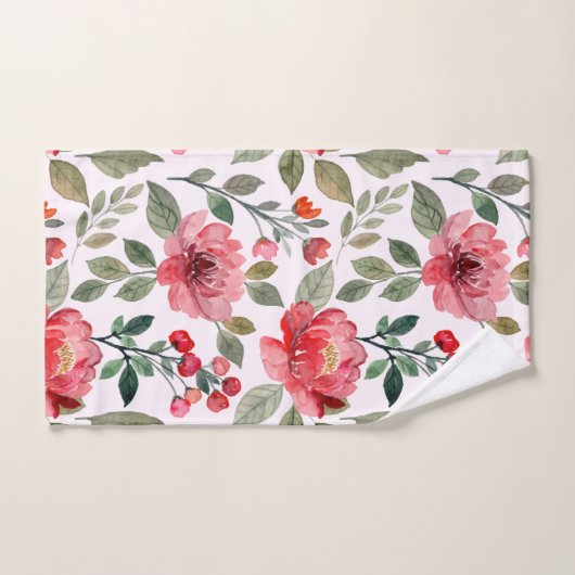 Blush Pink Cherry Red Floral Pattern Badhandtuch Set (Handtuch)