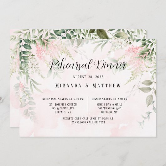 Blush Pink Chic Florals Probe Abendessen im Grünen Einladung (Vorne/Hinten)