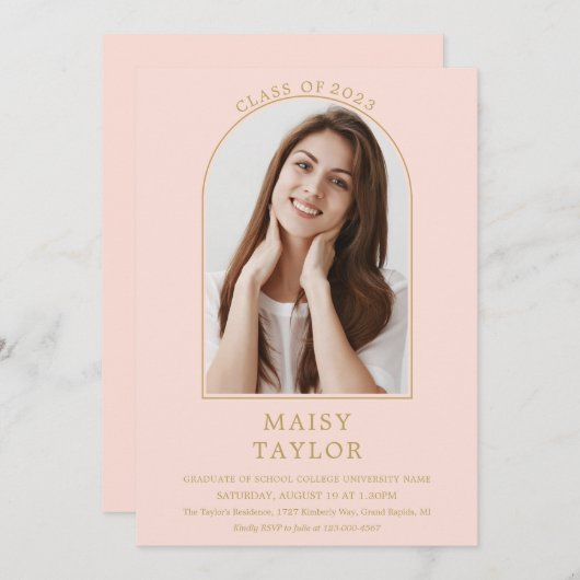 Blush Pink Chic Gold Arch Foto Graduation Party I Einladung (Vorne/Hinten)