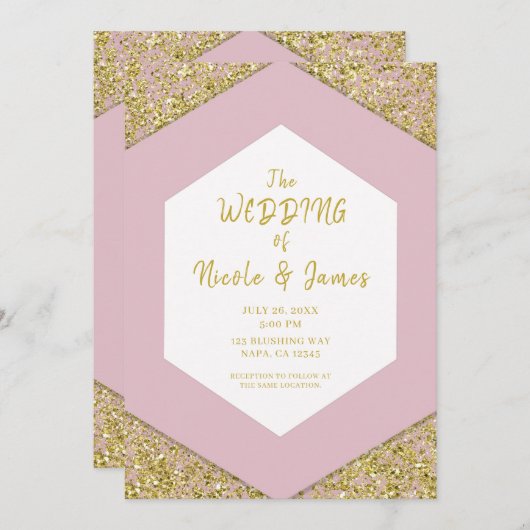 Blush Pink Chic Gold Glitzer Flakes Glam Wedding Einladung (Vorne/Hinten)
