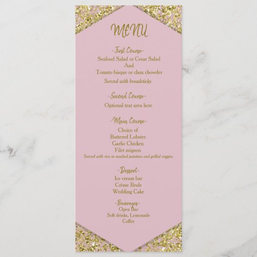 Blush Pink Chic Gold Glitzer Flakes Glam Wedding Menükarte (Vorderseite)