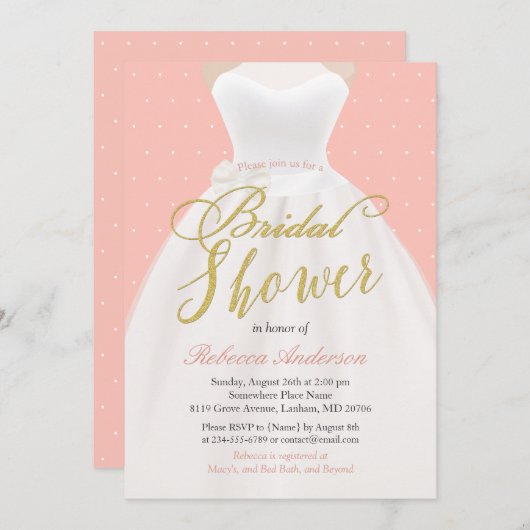 Blush Pink Chic Gold Wedding Dress Brautparty Einladung (Vorne/Hinten)