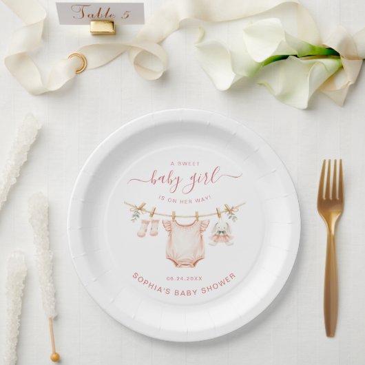Blush Pink Clothesline Girl Baby Shower Party Pappteller (Hochzeit)