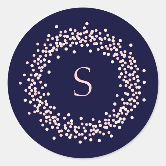 Blush Pink Confetti in Navy Blue | Monogramm Runder Aufkleber (Vorderseite)