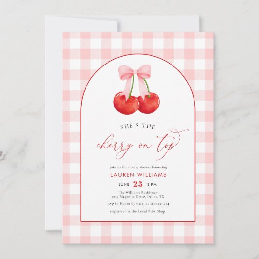 Blush Pink Coquette Cherry auf Top Baby Girl Dusch Einladung (Vorderseite)