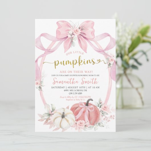 Blush Pink Coquette Pumpkin Twins Baby Dusche Einladung (Stehend Vorderseite)