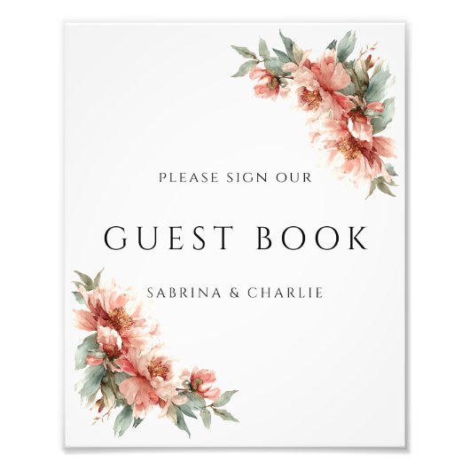 Blush Pink Coral Peony Wedding Guest Book Sign Fotodruck (Vorne)