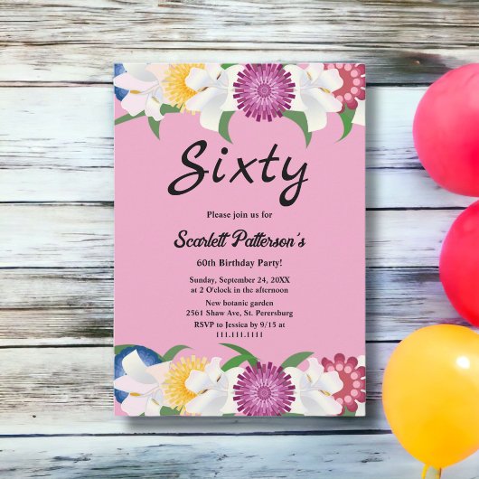 Blush Pink Country Moderne Blumenwelt 60. Geburtst Einladung