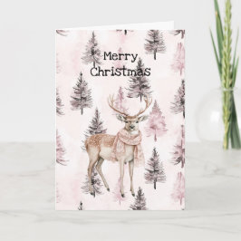 Blush Pink Cream Deer Scarf Christmas Trees Karte