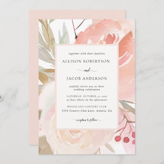 Blush Pink Cream Peach Sage Grüne Hochzeit Einladung (Vorne/Hinten)