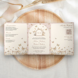 Blush Pink Cream Wildblume Butterfly Arch Wedding Dreifach Gefaltete Einladung