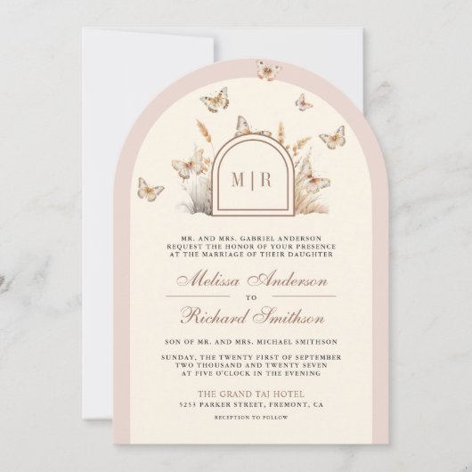 Blush Pink Cream Wildblume Butterfly Arch Wedding Einladung (Vorderseite)