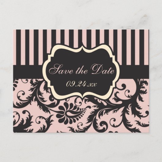 Blush Pink, Creme, Graue Damaske Save the Date Kar Ankündigungspostkarte (Vorderseite)