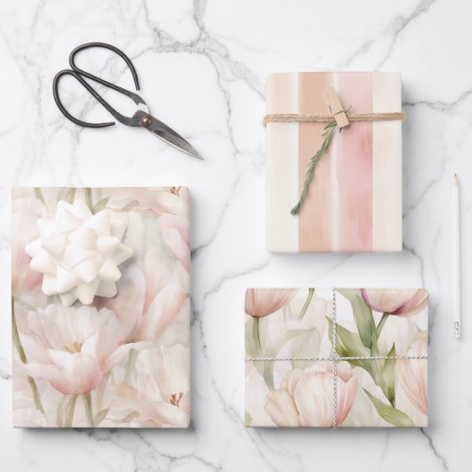 Blush Pink Creme Peach Tulips Brautparty Geschenkpapier Set (Vorderseite)