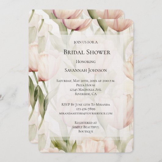 Blush Pink Creme Tulips Brautparty Einladung (Vorne/Hinten)