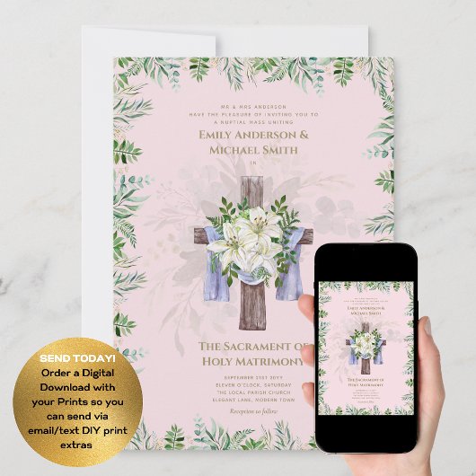 Blush Pink Cross Katholic Nuptial Mass Wedding Einladung