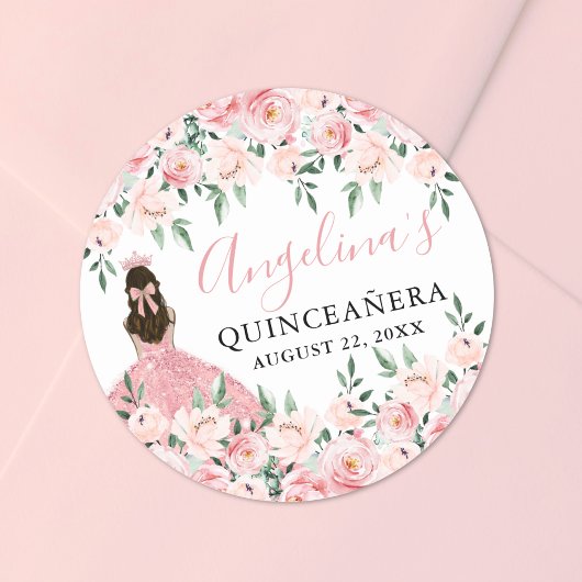 Blush Pink Crown Floral Quinceanera Runder Aufkleber