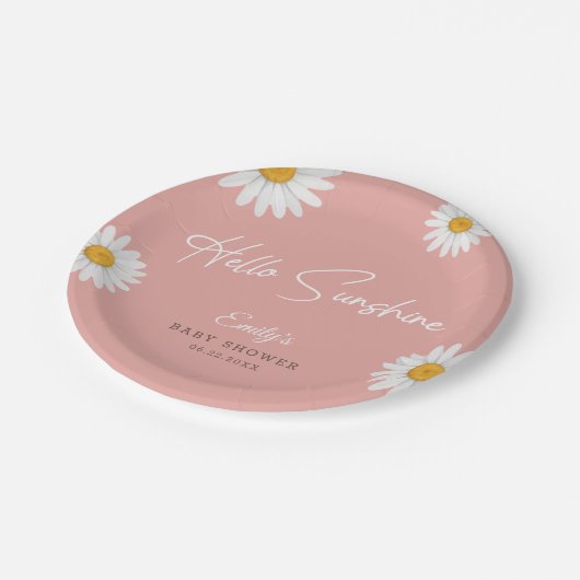 Blush Pink Daisy Hello Sunshine Baby Shower Pappteller (Schrägansicht)