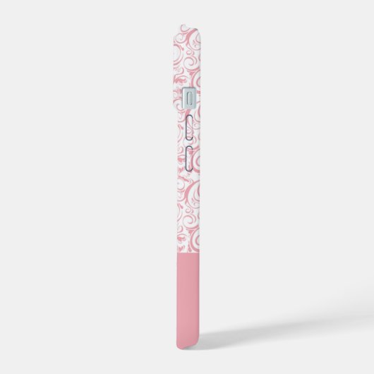 Blush Pink Damask Muster Monogram iPhone 14 Fall 15 Hülle (Linke Seite)