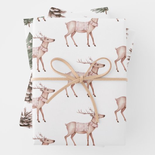 Blush Pink Deer Pine Cones Weihnachtsbaumen Geschenkpapier Set (Beispiel)