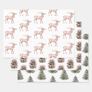Blush Pink Deer Pine Cones Weihnachtsbaumen Geschenkpapier Set
