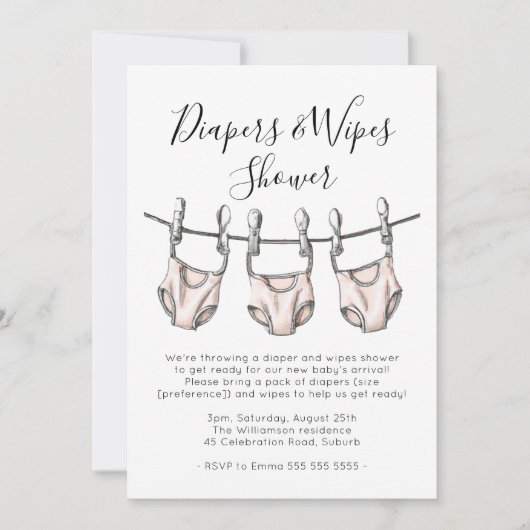 Blush Pink Diapers & Wipes Girl Babydusche Einladung (Vorderseite)