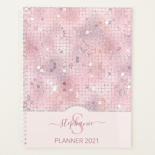 Blush Pink Disco Ball Mosaik Monogram Planer (Vorderseite)