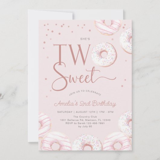 Blush Pink Donuts Sweet Two Two Two Two Birthday Einladung (Vorderseite)