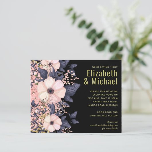 Blush Pink Dusty Blue Black Wedding Floral Budget (Stehend Vorderseite)