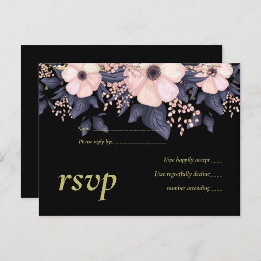 Blush Pink Dusty Blue Black Wedding Floral Budget Einladungspostkarte (Vorne/Hinten)
