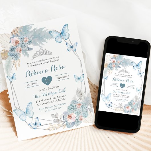 Blush Pink Dusty Blue Butterfly Royal Quinceañera Einladung