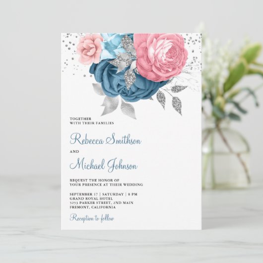Blush Pink Dusty Blue Floral All in one Wedding Einladung (Stehend Vorderseite)