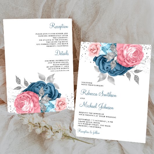 Blush Pink Dusty Blue Floral All in one Wedding Einladung
