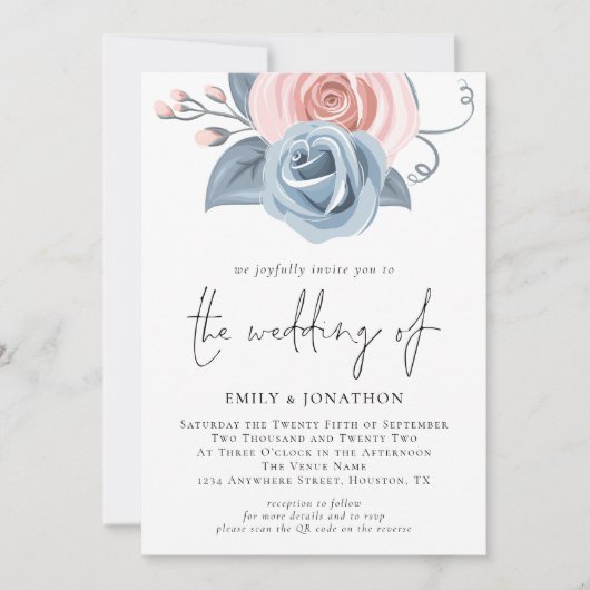 Blush Pink Dusty Blue Florals QR Code Wedding Einladung (Vorderseite)