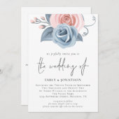 Blush Pink Dusty Blue Florals QR Code Wedding Einladung (Vorne/Hinten)