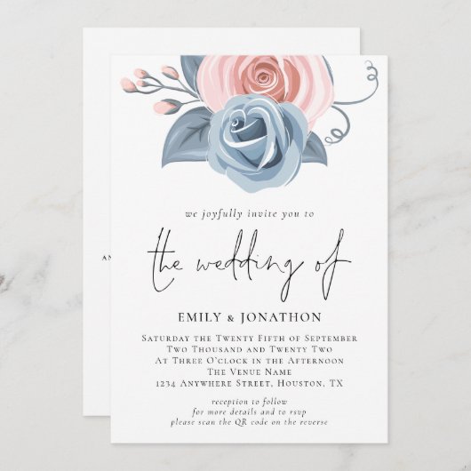 Blush Pink Dusty Blue Florals QR Code Wedding Einladung (Vorne/Hinten)