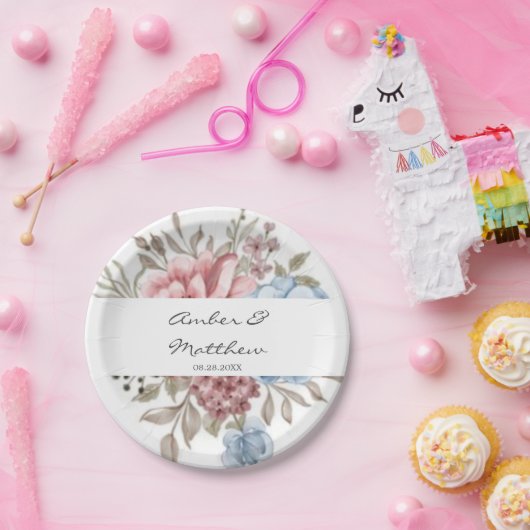 Blush Pink Dusty Blue Peony Wedding Paper Plate Pappteller (Party)