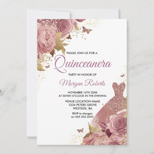 Blush Pink Dusty Rose Dress Quinceanera Party Einladung (Vorderseite)