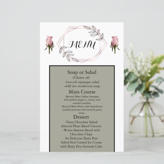 Blush Pink Dusty Sage Wedding Menu mit Rose (Stehend Vorderseite)