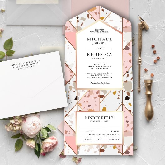 Blush Pink Earthy Geometric Terrazzo Wedding All In One Einladung