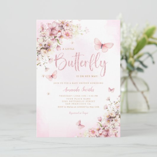 Blush Pink ein kleines Butterfly Girl Babydusche Einladung (Stehend Vorderseite)