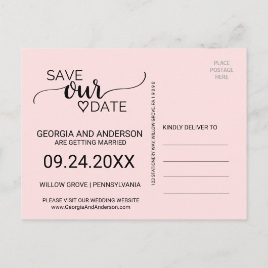 Blush Pink Einfache Kalligraphie Rette unser Datum Ankündigungspostkarte (Rückseite)