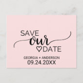 Blush Pink Einfache Kalligraphie Rette unser Datum Ankündigungspostkarte (Vorderseite)