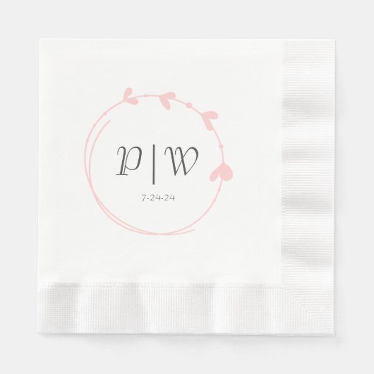 Blush Pink Einfaches Herz-Kranz-Monogramm Hochzeit Serviette (Vorderseite)