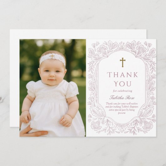 Blush Pink Elegant Floral Baptism Thank You Card Einladung (Vorne/Hinten)