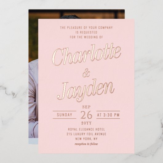 Blush Pink Elegant Foil Script Foto Hochzeit Folieneinladung (Vorderseite/Rückseite)