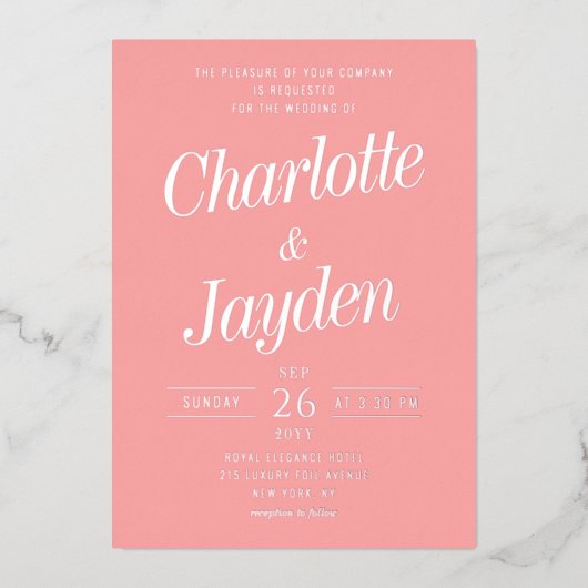 Blush Pink Elegant Foil Script Foto Hochzeit Folieneinladung (Vorderseite)
