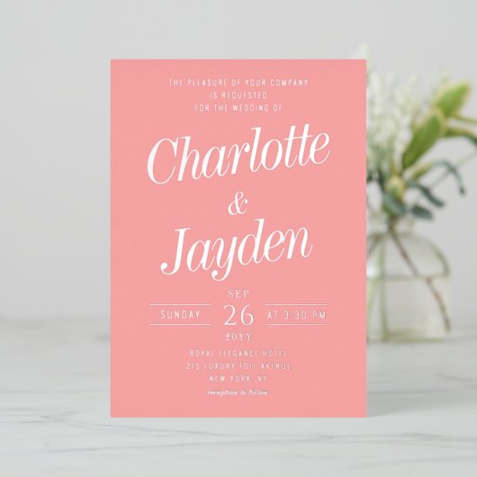 Blush Pink Elegant Foil Script Foto Hochzeit Folieneinladung (Stehend vorne)